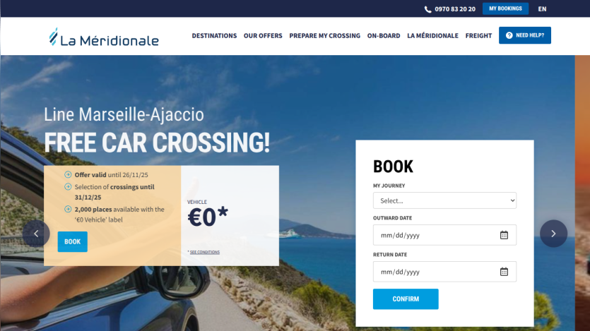 La Méridionale ferry service homepage with free car crossing offer and booking form for journey and dates