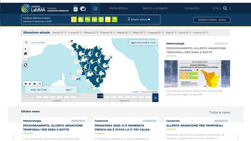Weather service homepage featuring a map and latest weather updates.