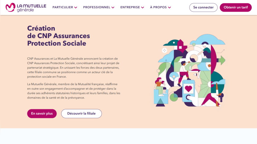 Announcement of the creation of CNP Assurances Protection Sociale with description and call-to-action buttons on a pastel background.