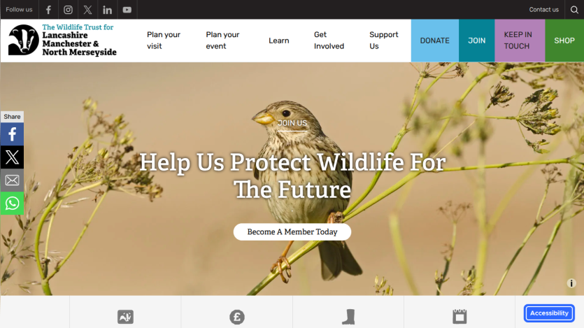 Wildlife Trust homepage with a bird on a branch and call to action to become a member