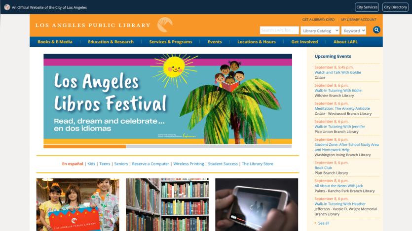 Los Angeles Public Library homepage featuring the Libros Festival announcement and event details.