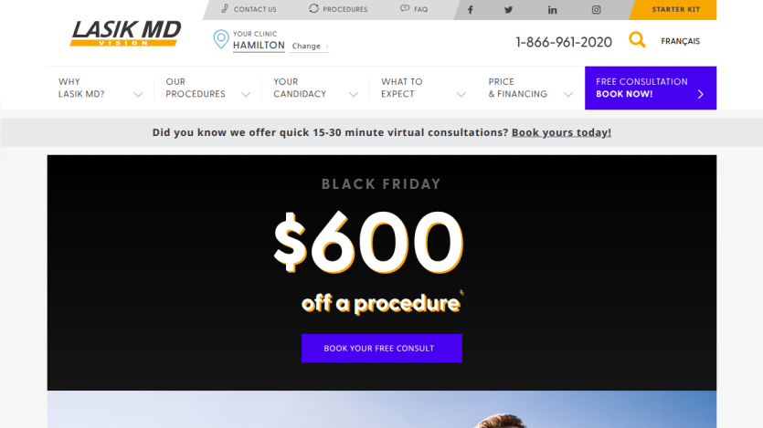 LASIK MD website offering $600 off a procedure for Black Friday with navigation and contact info visible