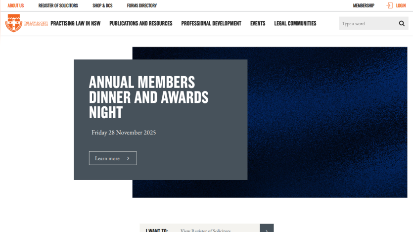 The Law Society of New South Wales website header with navigation and hero section promoting Annual Members Dinner and Awards Night on 28 November 2025