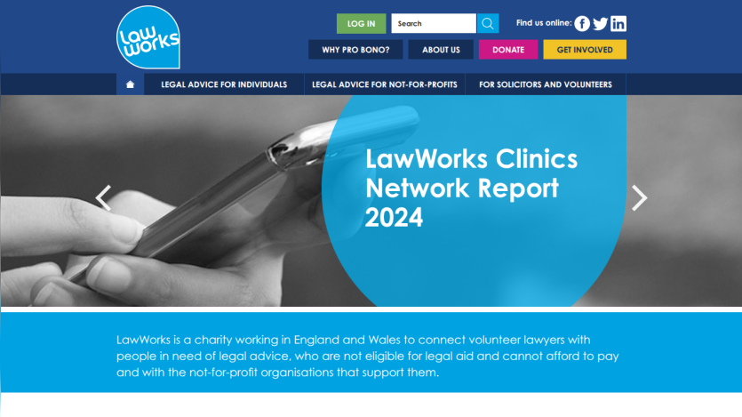 LawWorks homepage with navigation, login, search, and hero promoting the LawWorks Clinics Network Report 2024