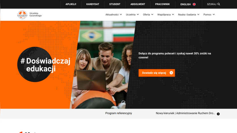Łazarski University homepage with navigation, education hashtag, and referral program offer with discount button