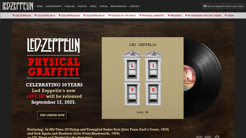 Led Zeppelin's Physical Graffiti live EP announcement with preorder details.
