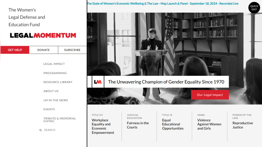 Legal Momentum homepage with navigation and hero text about championing gender equality since 1970