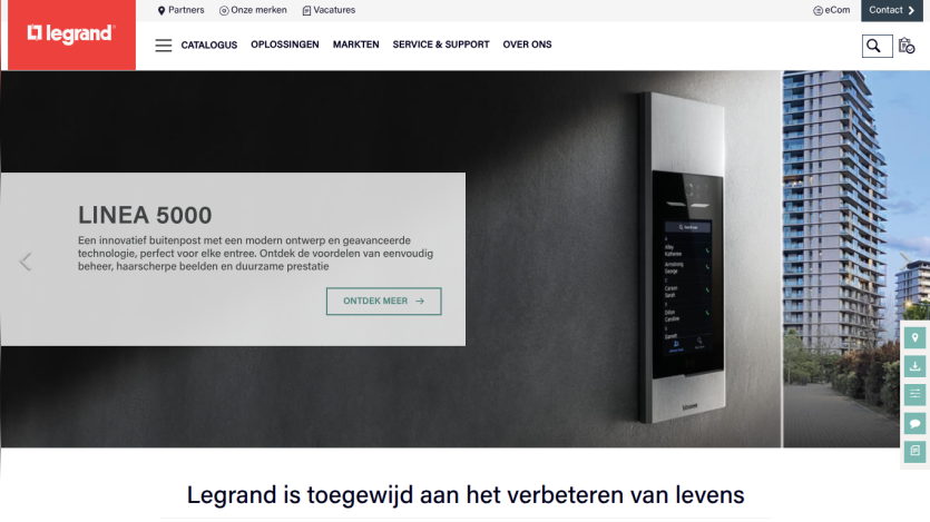 Legrand website hero section showcasing LINEA 5000 innovative outdoor intercom with modern design and advanced technology