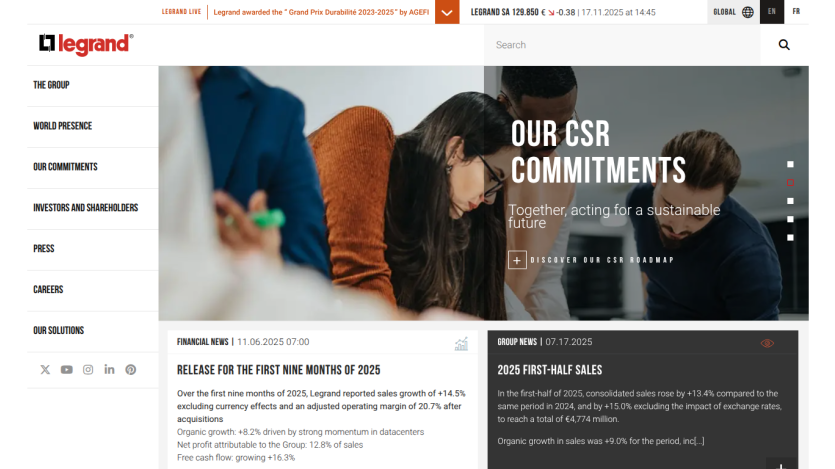 Legrand corporate site showing CSR commitments and financial news for 2025 with navigation menu