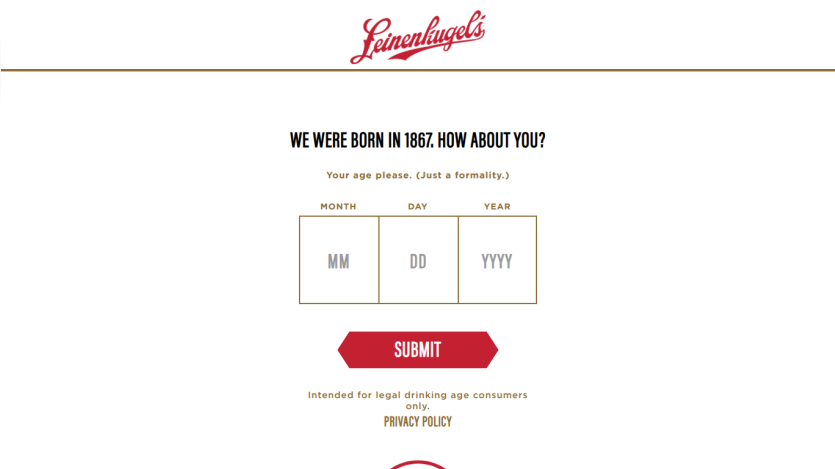 Lunazul tequila age verification form asking for birth date to confirm legal drinking age