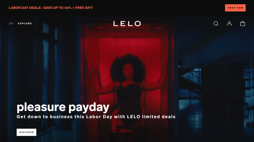 Lelo website featuring a promotional banner for Labor Day deals with a model in a red-lit setting.