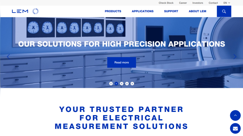 LEM website homepage with navigation and hero section promoting high precision applications and electrical measurement solutions