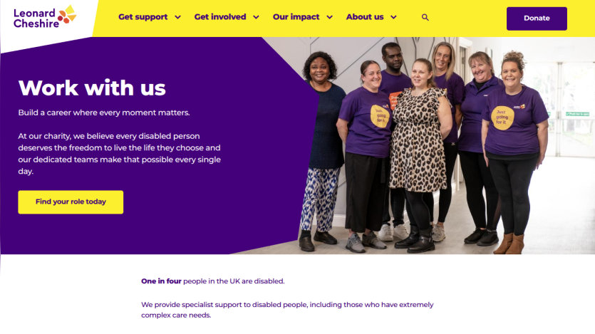 Leonard Cheshire careers page inviting to work with them, highlighting support for disabled people and a call to action button