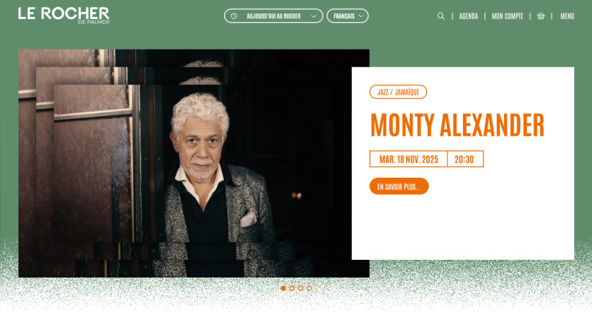 Le Rocher de Palmer website featuring Monty Alexander jazz concert on Nov 18, 2025 at 20:30