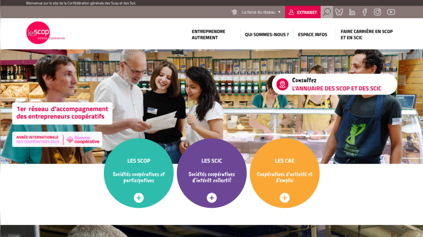 Homepage of a cooperative entrepreneurs network with navigation and sections for SCOP, SCIC, and CAE cooperatives