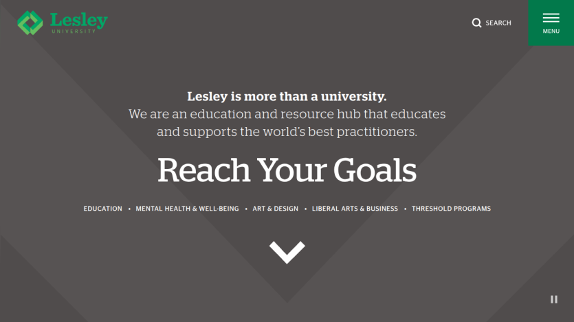 Lesley University homepage promoting education and resources for practitioners.