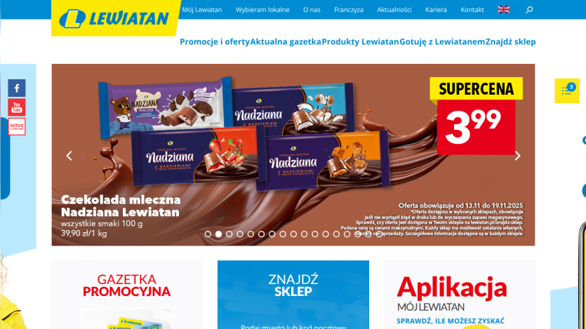 Lewiatan homepage with promotional banner for Nadziana milk chocolate priced at 3.99 PLN and navigation links