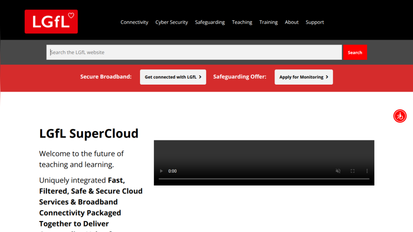 LGfL SuperCloud homepage with navigation menu and tagline about fast, secure broadband for teaching and learning