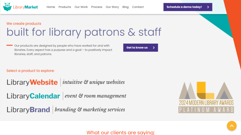 Library Market homepage with navigation and hero section promoting library websites, calendars, and branding services