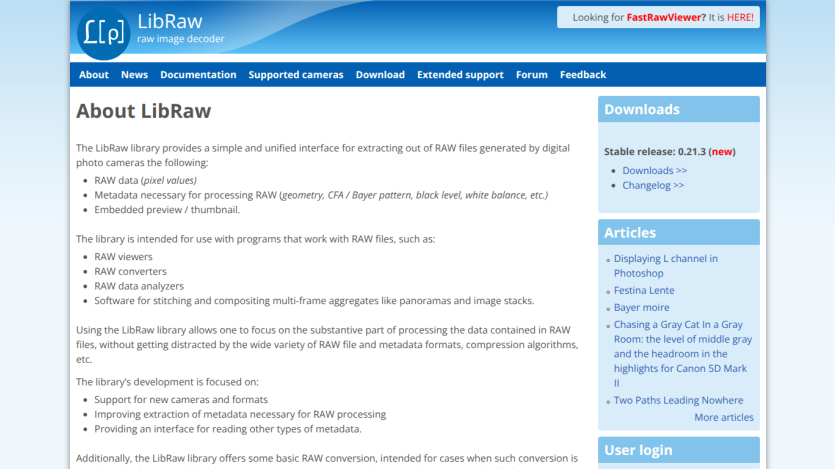 LibRaw website about page describing its library for extracting RAW image data and metadata from digital cameras.