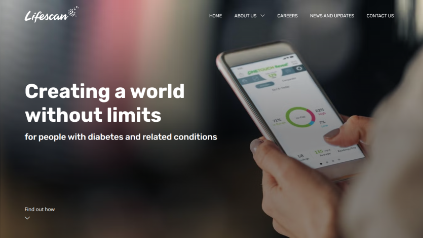 Lifescan homepage with navigation and hero text about diabetes solutions alongside a hand holding a smartphone showing health data.