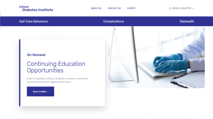 Lifescan Diabetes Institute homepage with navigation and on-demand continuing education opportunities