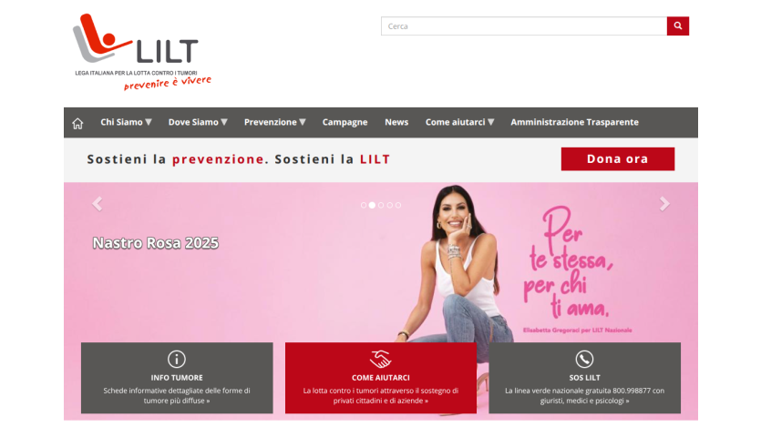 LILT cancer prevention site with navigation, donation button, and campaign banner featuring a woman and prevention message