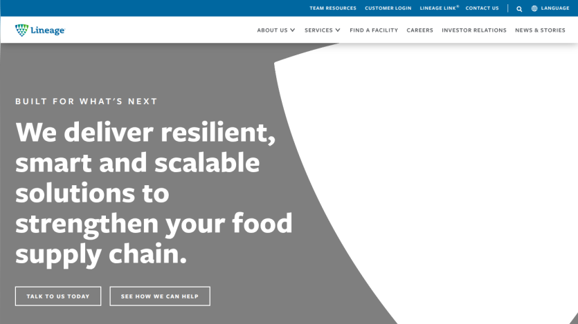 Lineage website hero section with headline about resilient, smart, scalable food supply chain solutions and two call-to-action buttons