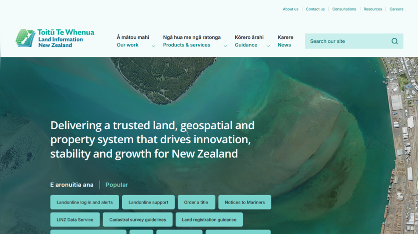 Website homepage offering a trusted land, geospatial, and property system for New Zealand with navigation menu and subscription form.