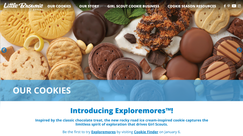 Little Brownie Bakers website showcasing various cookies and introducing the Exploremores cookie inspired by rocky road ice cream
