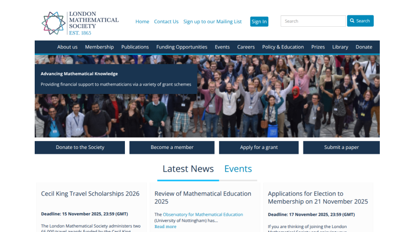 London Mathematical Society homepage with navigation, hero image, grant support message, and latest news and events