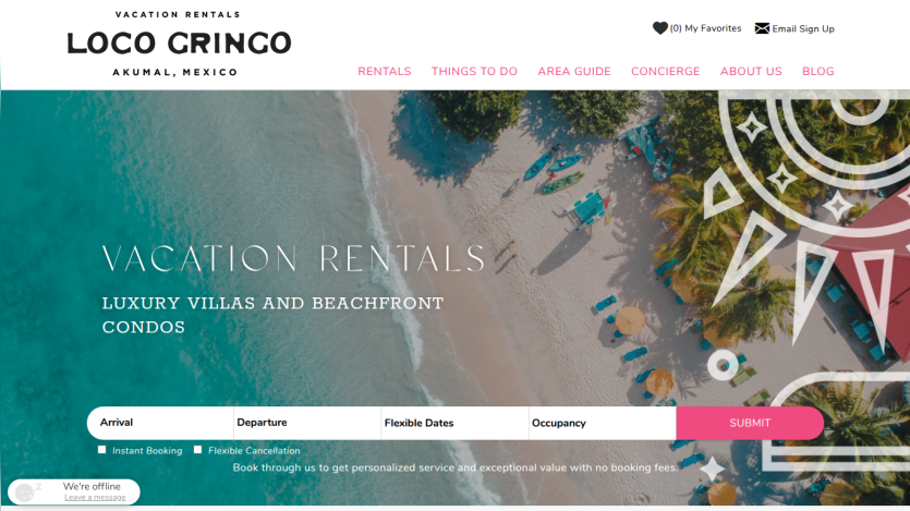 Vacation rentals website offering luxury villas and beachfront condos in Akumal, Mexico with booking form and navigation menu
