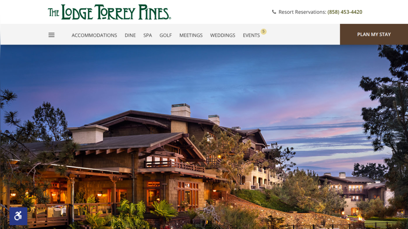 The Lodge Torrey Pines website header with navigation and a large scenic image of the lodge at sunset.
