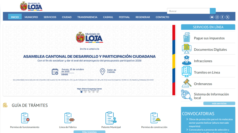 Municipio de Loja website with announcement for Asamblea Cantonal de Desarrollo y Participación Ciudadana on October 23, 2025, and links to online services and guides.