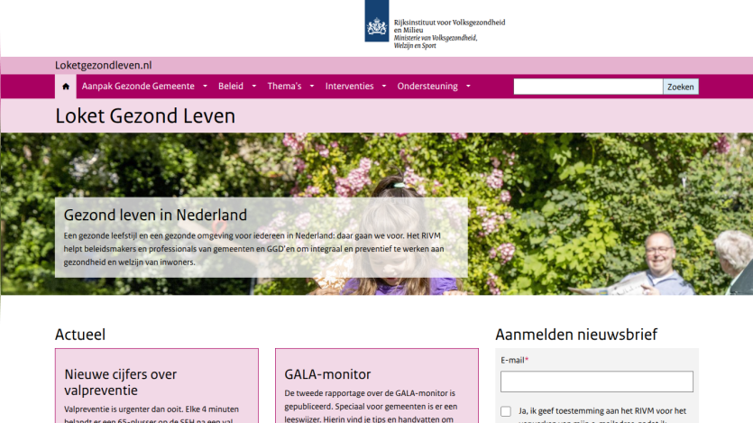 Loket Gezond Leven website promoting healthy living in the Netherlands with navigation and newsletter signup