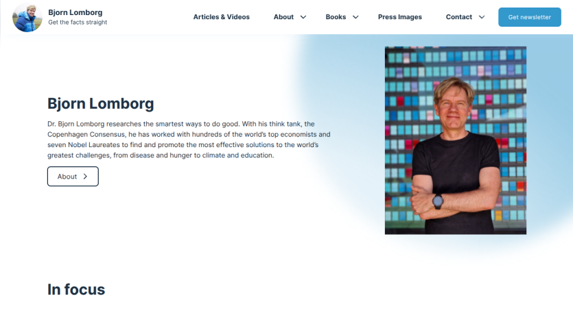 Homepage of Bjorn Lomborg with navigation menu, introduction text about his research, and a portrait photo