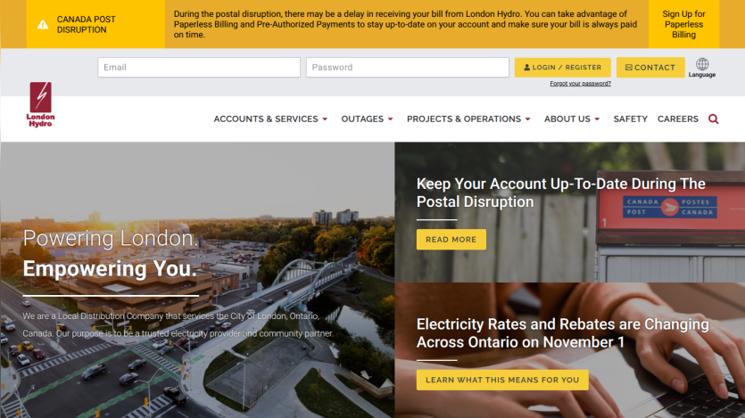 London Hydro homepage with login, navigation, and notices about postal disruption and electricity rate changes