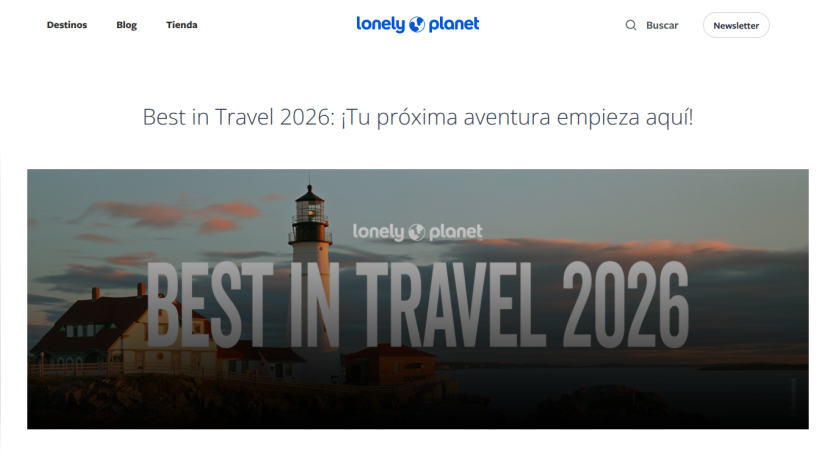 Lonely Planet homepage featuring Best in Travel 2026 with lighthouse image and navigation links.