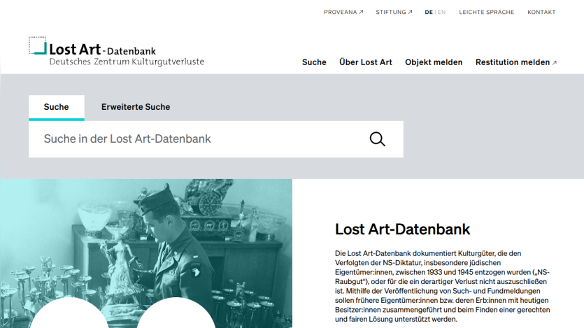 Lost Art-Datenbank homepage with search bar and description of documenting cultural assets lost during NS dictatorship