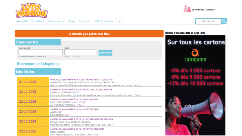 Loto Passion homepage with navigation, search form for lottery by postal code and date, and list of upcoming lottery events.