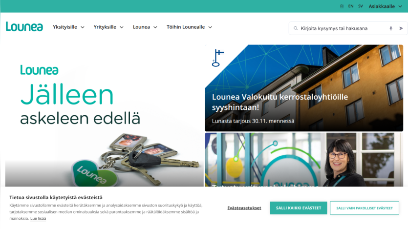 Homepage of Lounia featuring keys and promotional content about services.