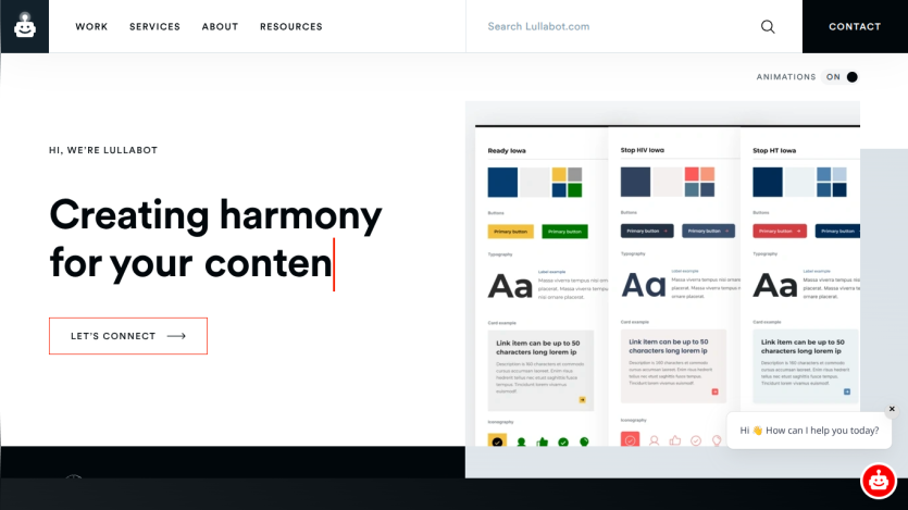 Lullabot homepage with navigation and hero text 'Creating harmony for your content' plus a call to action button