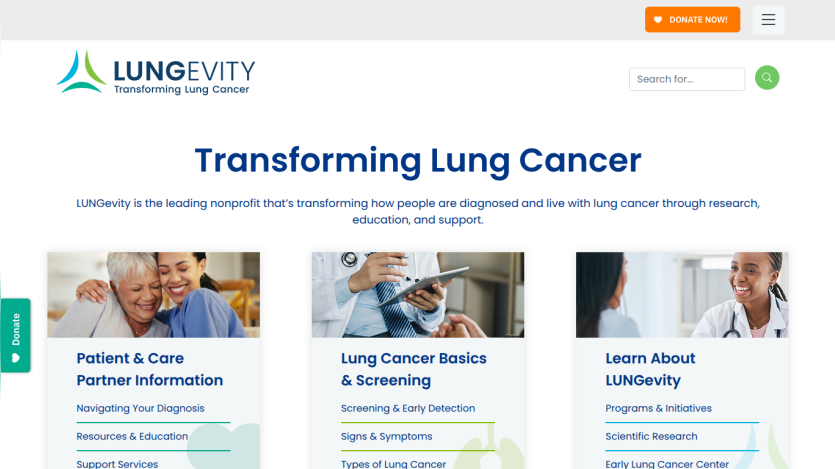 LUNGevity homepage with sections on patient information, lung cancer basics, and organization details