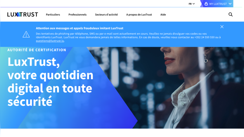 LuxTrust homepage with navigation bar and hero section promoting secure digital daily use