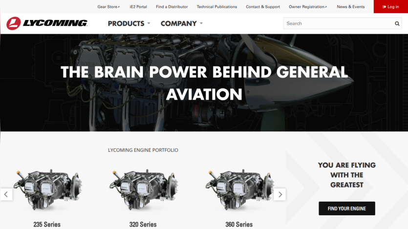 Lycoming aviation engine website with hero headline and engine series portfolio