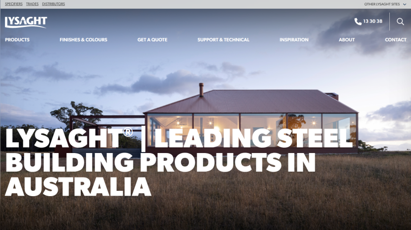 Lysaght website showcasing leading steel building products in Australia with a modern house in the background