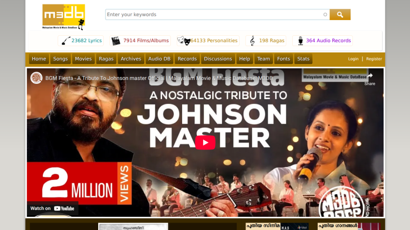 Homepage featuring a tribute to Johnson Master with video and view count.