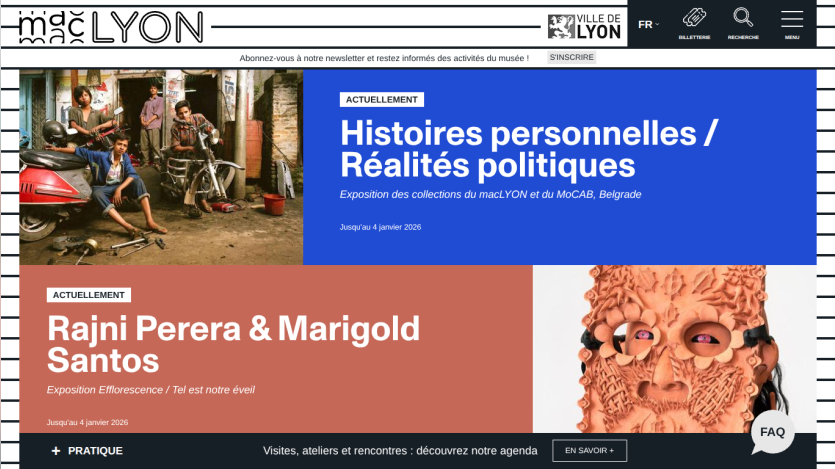 Museum macLYON website showing current exhibitions Histoires personnelles / Réalités politiques and Rajni Perera & Marigold Santos with images and event dates
