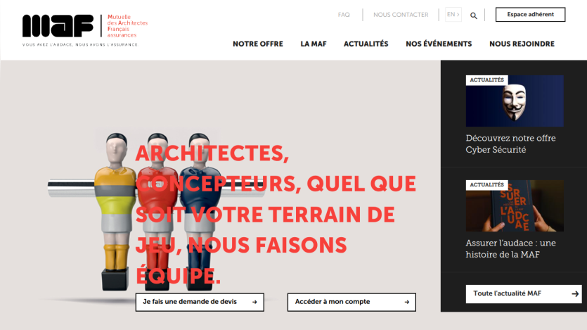 Insurance site for architects with headline about teamwork and options to request a quote or access account