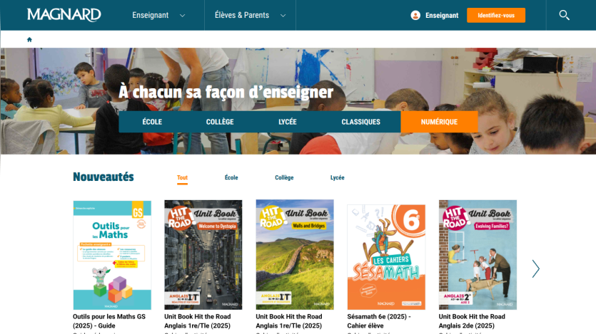 Magnard educational website homepage with navigation for teachers and parents, featuring new books for various school levels.